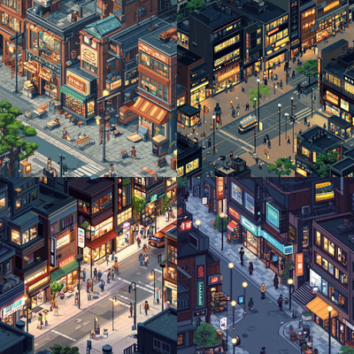Bustling Urban Street Pixel Scene - Vibrant Isometric Pixel Art for Creative Projects and Game Design