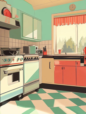 Retro Kitchen Scene - 1950s Home Life Style - Vintage-Inspired Wall Art for Nostalgic Interiors and Cozy Living Spaces