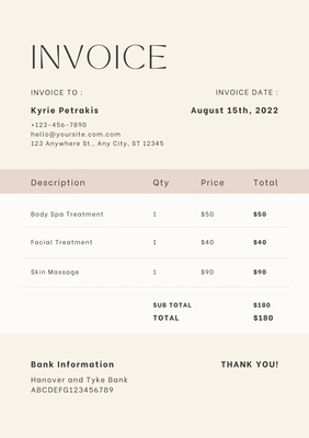 Beige Spa Treatment Invoice - Modern Layout - Streamlined Invoice Template for Spa and Wellness Businesses