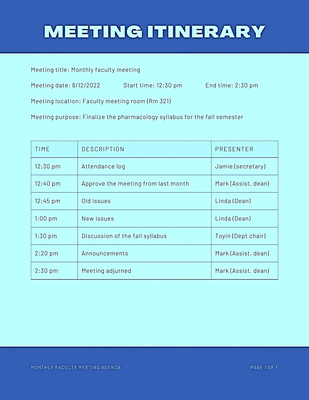 Blue White Meeting Itinerary Template - Professional Business Presentation for Clear Meeting Agendas and Effective Communication
