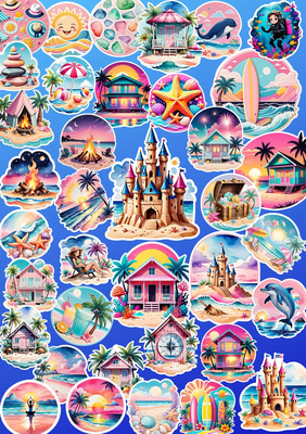 100 Sunset Shores Beach Bonfire Bundle - Vibrant Travel & Adventure Sticker Collection for Creative Projects