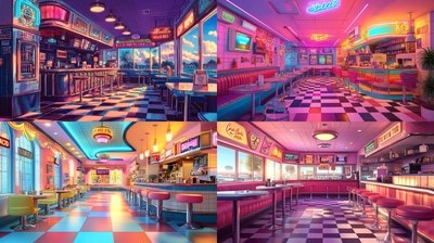 1950s Diner Scene - Neon Colors & Classic Feel - Retro Wall Art for Vibrant Vintage Ambiance and Stylish Interiors