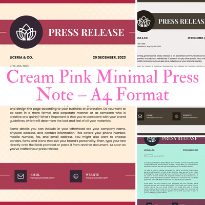 Cream Pink Minimal Press Note - A4 Format - Sleek Business Announcement Template for Professional Media Releases