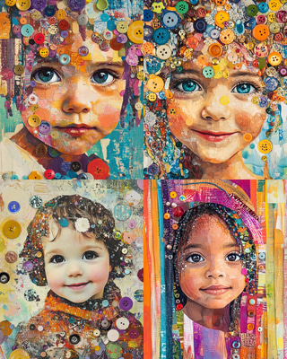 Child Collage Portrait with Colorful Buttons - Vibrant Mixed-Media Portrait Art for Personal and Creative Projects 2025