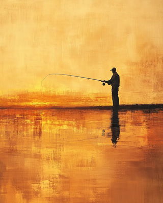 Fisherman Casting Line - Tranquil Figurative Scene - Serene Wall Art for Calm Spaces and Inspirational Decor