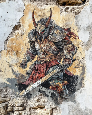 Fierce Armored Warrior Graffiti - Bold Street Art Character for Urban Creatives and Visual Storytelling
