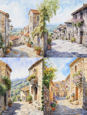 Quaint European Village Watercolor - Heritage Brushworks Traditional Watercolor Painting for Art Lovers and Decor Enthusiasts