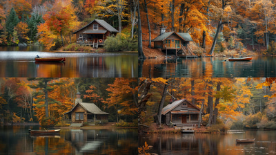 Amber Rest Autumn Lakeside Retreat - Serene Digital Environmental Illustrations for Eco-Themed Projects and Creative Use