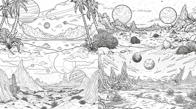 Alien Planet Coloring Page - Intricate Space & Astronomy Art for Creative Relaxation and Educational Fun
