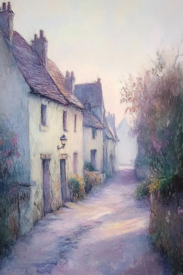 Quaint Village Street Pastel Scene - Timeless Pastel Painting Art for Classic Home and Office Decor