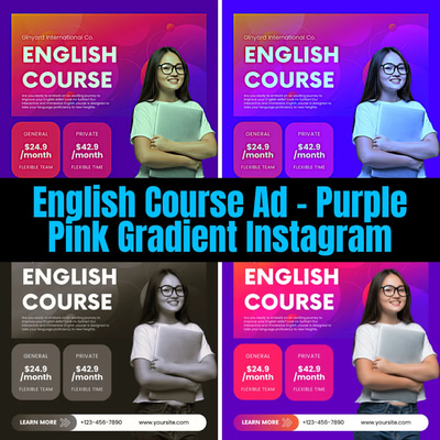 English Course Ad - Purple Pink Gradient Instagram - Vibrant School & Admissions Template for Engaging Social Campaigns