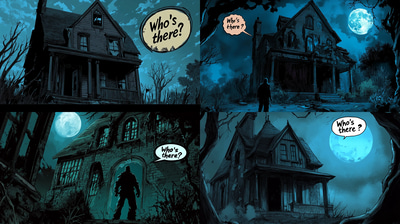 Haunted House Night Scene Comic - Dark Horror Comic Art for Graphic Storytelling and Creative Projects