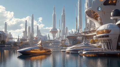 Futuristic Harbor City with Sky Bridges - Digital Art - Immersive Sci-Fi Urban Landscapes for Creators and Visionaries