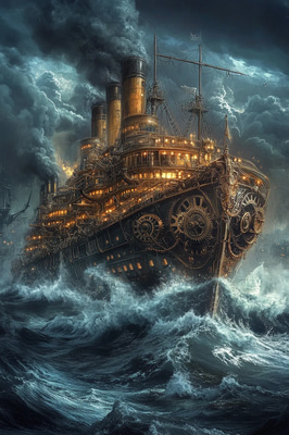 Battle Between Airships and Mechanical Beasts - Steampunk Science Fiction Art for Creative and Commercial Use