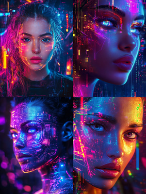 Neon Colored Digital Portrait of a Woman - Vibrant Studio-Style Digital Portrait Art for Contemporary Creators