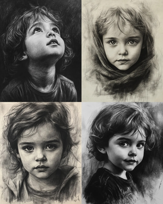 Expressive Child Charcoal Portrait with Gentle Shading - Timeless Charcoal & Pencil Portrait Art for Personal and Professional Displays