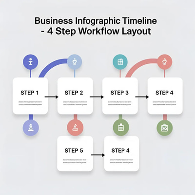 Business Infographic Timeline Template - 4 Step Workflow Layout - Professional Visuals for Clear Project Planning and Strategic Presentations