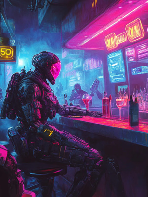 Cybernetic Bounty Hunter - Futuristic Digital Illustration - Cyberpunk Sci-Fi Art for Designers & Creative Projects