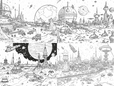 Moon City Coloring Page - Intricate Space & Astronomy Artwork for Creative Relaxation and Educational Fun