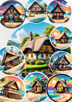 10 Cozy Cottage Sticker Collection - Charming Vinyl-Style Home & Castle Decals for Creative Projects
