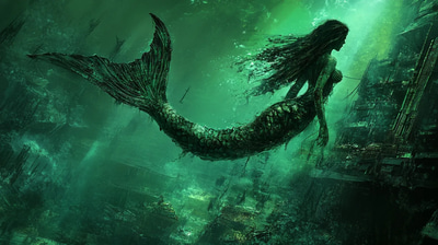 Ghostly Mermaid in Haunted Waters - Eerie Mythical Creature Art for Dark Fantasy and Horror Creators
