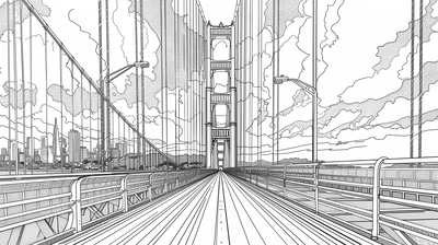 Golden Gate Bridge Coloring - Artistic Architectural Coloring Pages for Creative Relaxation and Skill Building