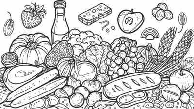 Healthy Foods Coloring Page - Educational Coloring Art for Engaging Learning and Creative Fun