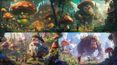 Gentle Ben Village Helper Scene - Whimsical Cartoony Fantasy Art for Storytelling and Creative Projects