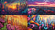 Sunset Cityscape Mural - Vibrant Urban Graffiti Art for Dynamic Wall Spaces and Creative Environments 1