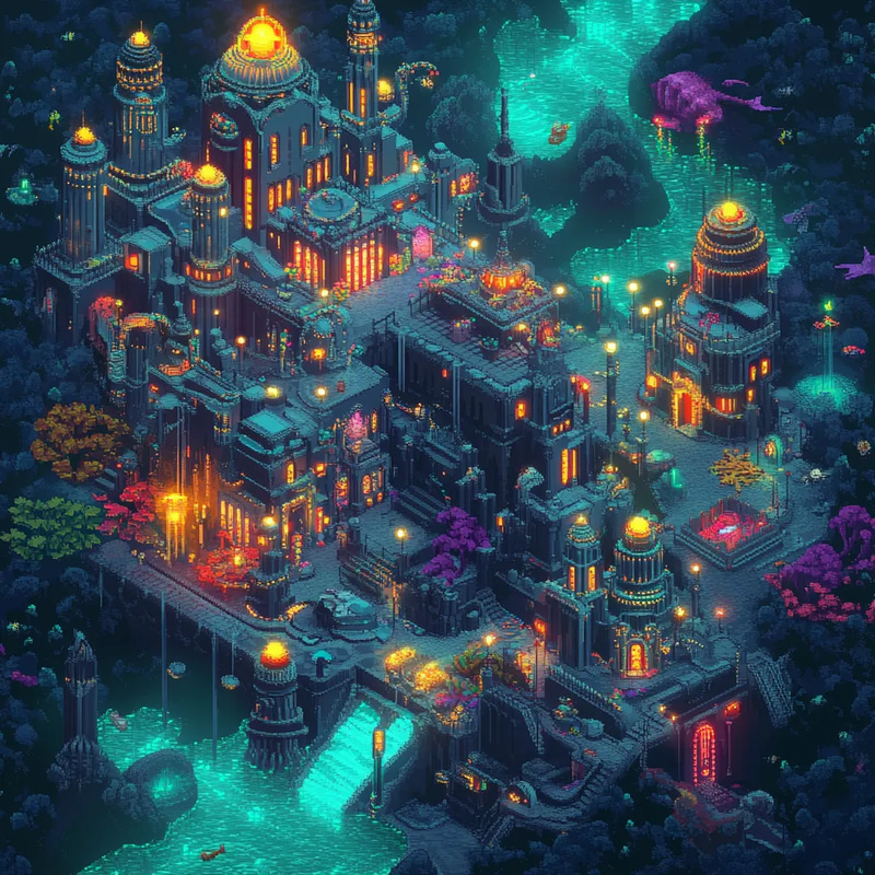 Underwater Coral City Pixel Scene - Vibrant Isometric Pixel Art for Game Designers and Digital Creators