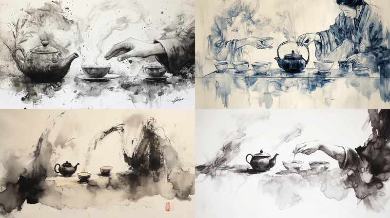 Traditional Tea Ceremony Ink Art - Elegant Asian Ink Painting for Cultural and Meditative Decor