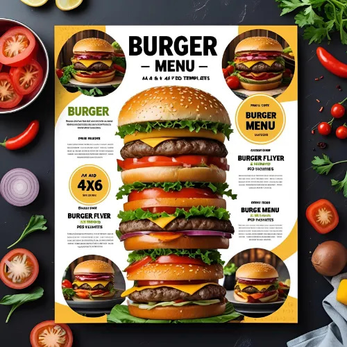 Burger Flyer Menu - A4 & 4x6 PSD Templates - Versatile Promo Menu Designs for Food Brands and Marketing Campaigns 2025-2026