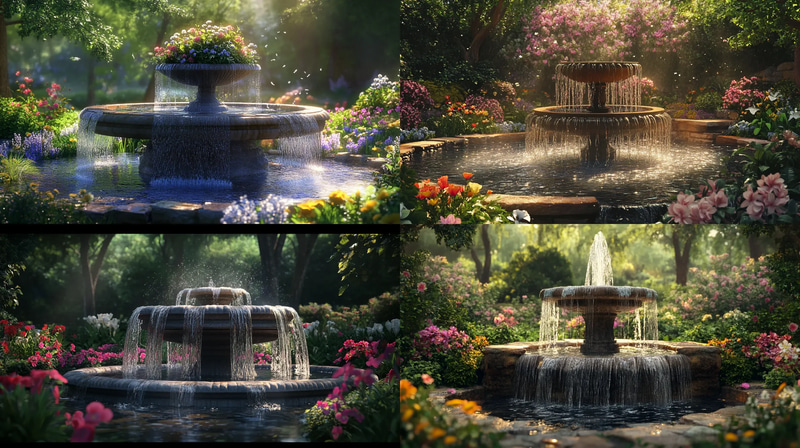 Cascading Fountain in a Peaceful Garden - Serene Nature Wall Art for Tranquil Home Decor and Relaxing Spaces
