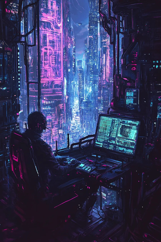 Cyberpunk Space Art - Lone Hacker in High-Tech Room - Futuristic Sci-Fi Vector Artwork for Designers and Creators