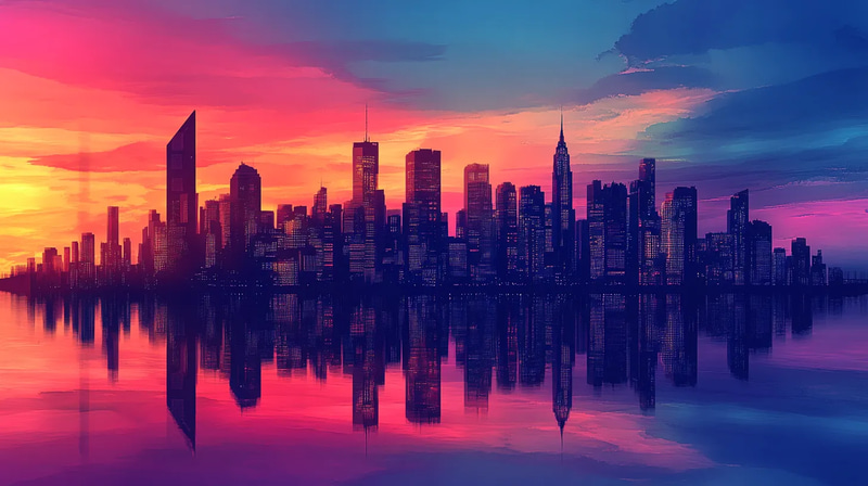 Urban Sunset Skyline - Vibrant Urban Landscape Art Capturing City Dusk Atmosphere for Creatives and Decor