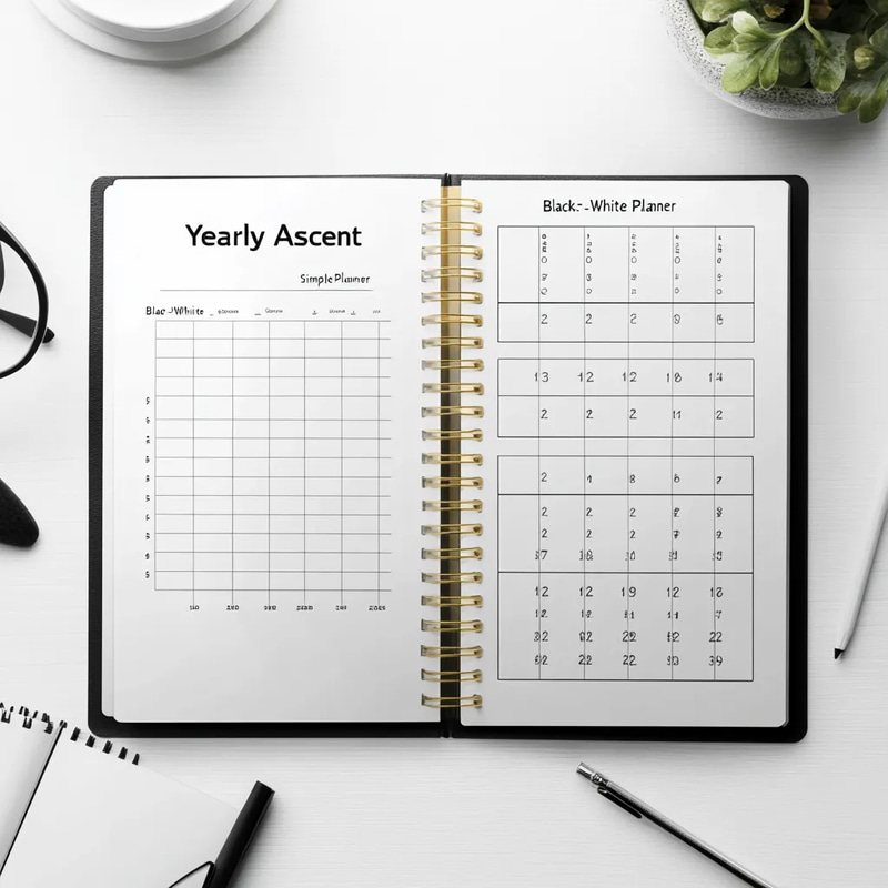 Yearly Ascent Black White Simple Planner - Minimalist Goal & Bucket List Organizer for Focused Yearly Success