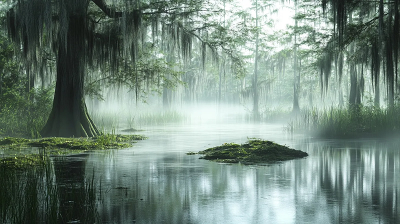 Bogveil Cypress Swamp Mystery - Digital Realistic Landscape Art for Immersive Environmental Design