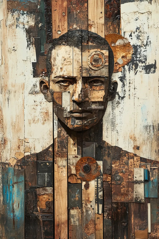Man Collage Portrait with Wood & Metal Pieces - Artistic Mixed Media Portrait for Creative Personal and Commercial Use