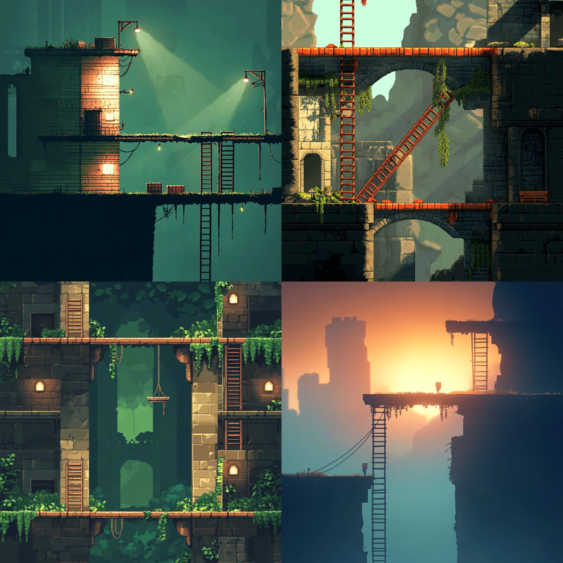 Classic Platformer Level with Ladders - Retro Gaming Pixel Art Scenes for Game Developers and Indie Creators