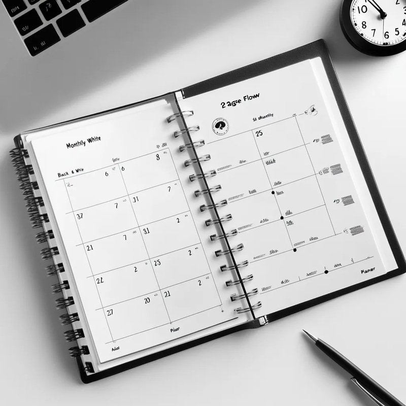 25 Page Flow Monthly Black & White Academic Planner - Minimalist ScholarPath Studio Organizer for Efficient Study and Time Management