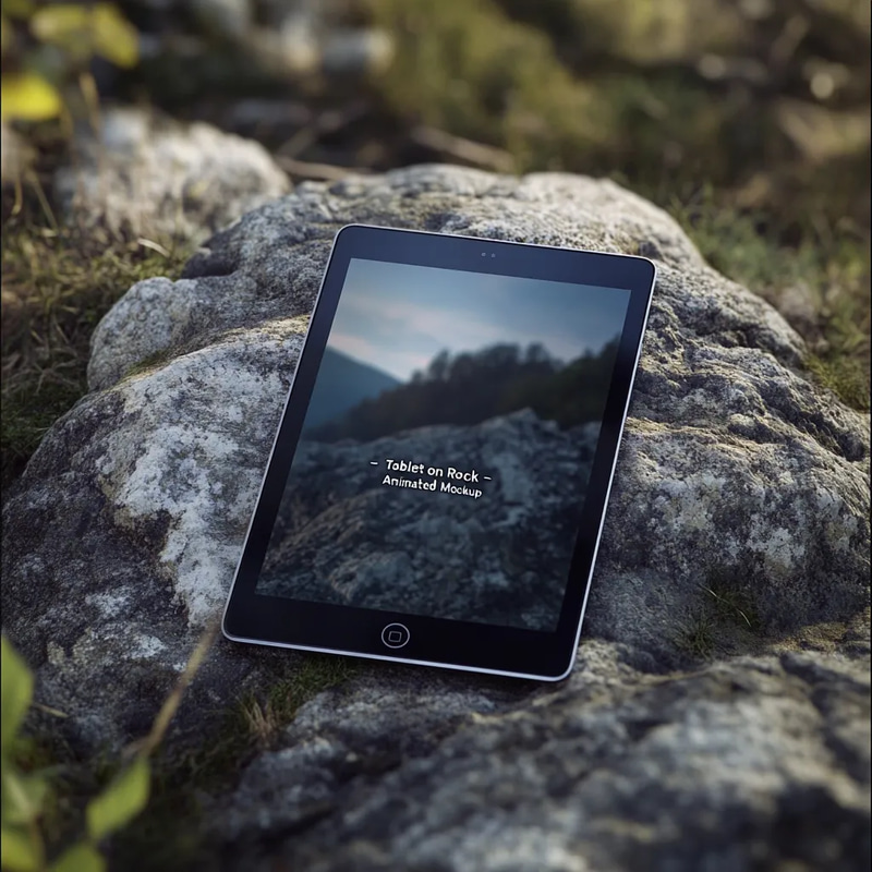 Tablet on Rock - Animated Mockup - Dynamic 3D Device Template for Digital Presentations and Creative Showcases