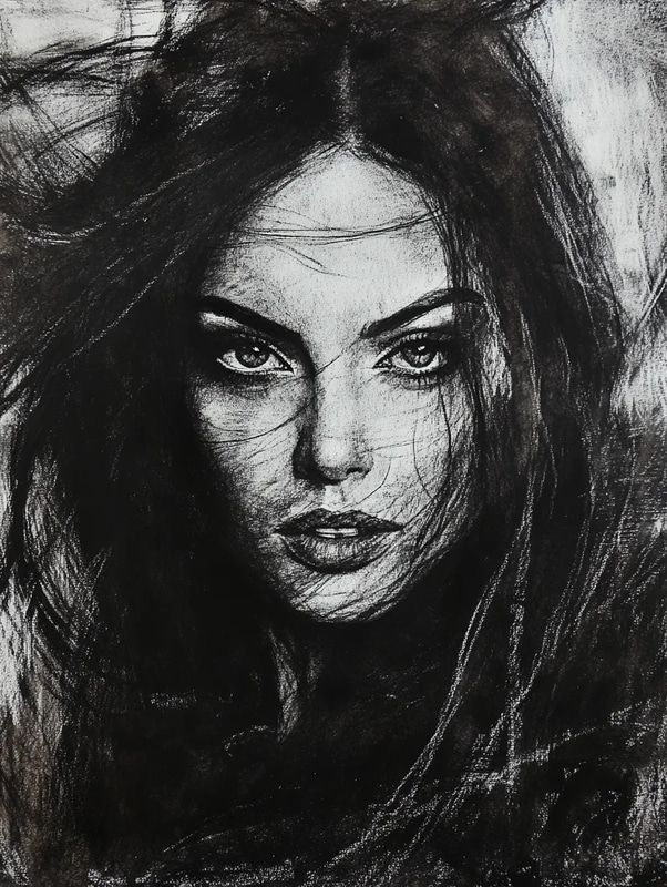 Woman with Flowing Hair Charcoal Portrait - Expressive Charcoal & Pencil Portrait Art for Creative Projects and Fine Art Enthusiasts