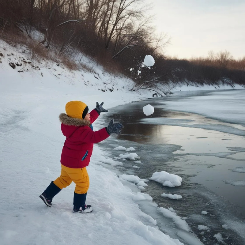 Child Playing Frozen River Bank - Cinematic Nature Stock Video for Wildlife and Weather Projects