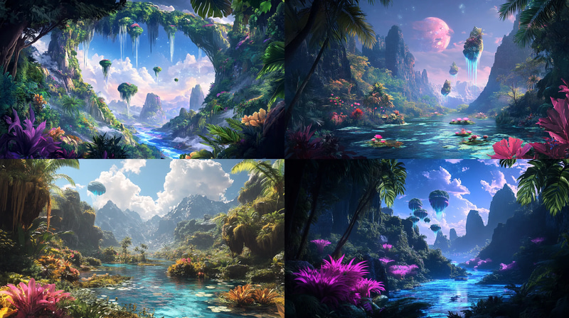 Lush Tropical Exoplanet with Exotic Flora - Vibrant Sci-Fi Illustration for Futuristic Visual Projects