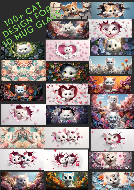 100+ Cat Mug Designs - 3D Glass Art Pack - Creative Cat-Themed Mug Graphics for Designers and Crafters