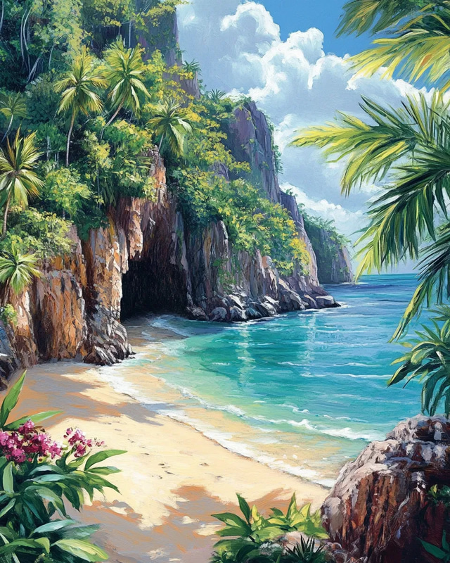 Hidden Tropical Oasis - Serene Tropical Landscape Art for Relaxing Spaces and Creative Decor