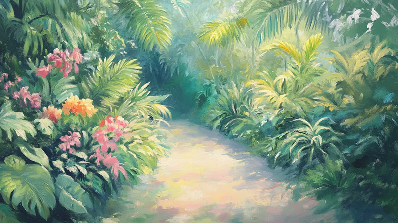 Lush Tropical Garden Pastel Art - Vibrant Pastel Painting for Artistic Expression and Home Décor