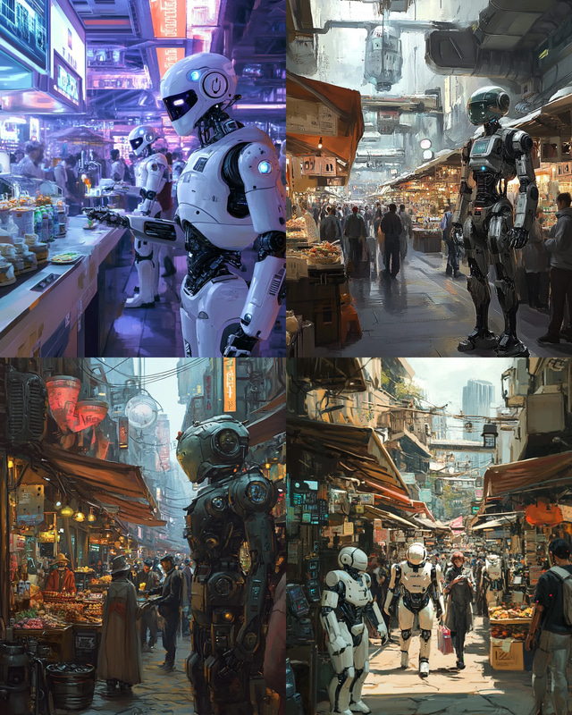 Futuristic Market with Android Vendors - Concept Art - Immersive Sci-Fi Robotics Scene for Creators and Visual Storytellers