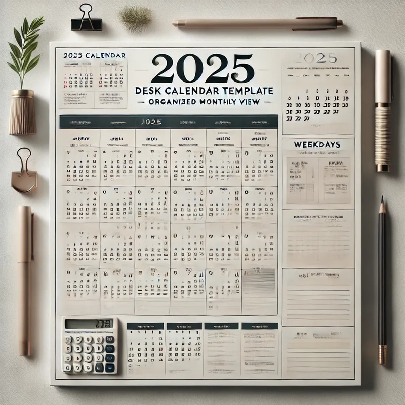 2025 Desk Calendar Template - Organized Monthly View - Minimalist Editable Calendar for Efficient Planning and Professional Use