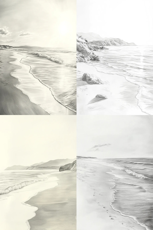 Tranquil Beach Sketch with Light Tone - Serene Handcrafted Sketch Painting for Artists and Creative Projects